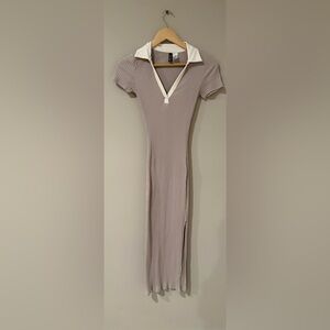 H&M Taupe Ribbed Polo Maxi Dress with Cream Collar